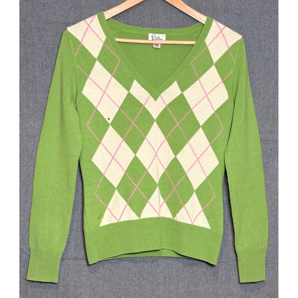 Y2K Lilly Pulitzer Womens 100% Cashmere Argyle V-Neck Sweater Green Pink Small